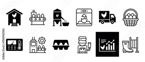 Set of black poultry farming icons showing the complete egg production cycle, from chicken coop and incubator to factory processing, delivery truck, and market analytics