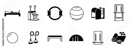 Set of black Pilates equipment icons including a reformer, chair, barrel, and magic circle for fitness and exercise concepts, presented in a clean glyph style vector illustration
