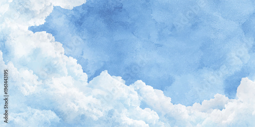 A bright summer day reveals a beautiful cloudscape of fluffy white cumulus clouds floating through a clear blue sky