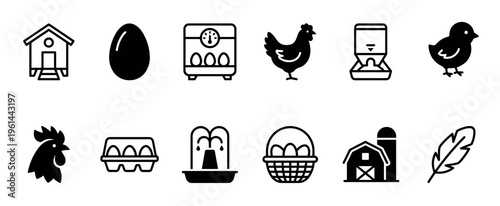 Collection of black poultry farming icons including a chicken, rooster, chick, egg, incubator, coop, barn, feeder, waterer, basket, carton, and feather in a simple glyph style