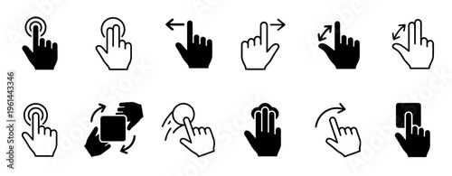 Collection of touch gesture icons in black and white, featuring minimalist line and solid styles for user interface design, illustrating tap, swipe, zoom, and rotate actions