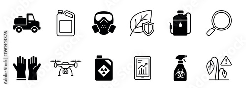 Set of black glyph and line art icons representing pest control, crop protection, and agricultural technology, including a drone, respirator, sprayer, and hazardous waste symbols