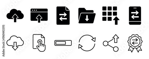 Collection of black data transfer icons in both solid glyph and thin line art styles, representing concepts like cloud storage, upload, download, synchronization, and file sharing