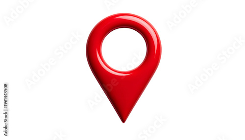 A glossy, red location marker icon, three-dimensional, on a pure black background