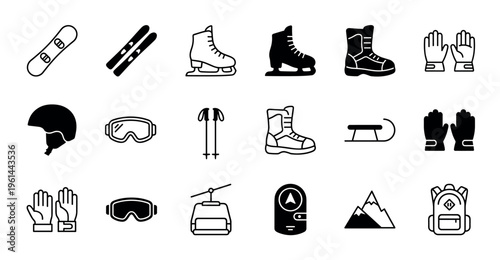 Collection of black winter sports icons including snowboard, skis, ice skates, helmet, and goggles in a minimalist line art and glyph style for outdoor activities