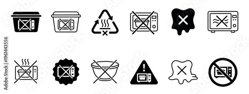 Collection of black not microwave safe icons showing various prohibition symbols for food containers and kitchenware, illustrating safety instructions and warnings for appliance use