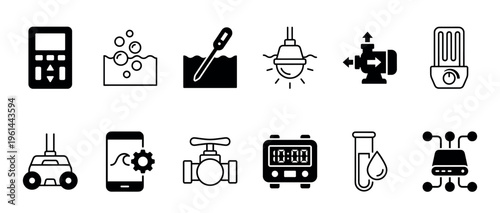 Set of black aquarium equipment icons for water management and smart control systems, featuring a pump, heater, light, timer, and automation symbols in a minimalist glyph style