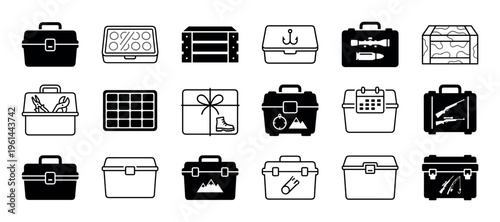 Set of various case and box icons for different activities like fishing, hunting, and repair work, designed in a clean, minimalist black and white glyph and line art style