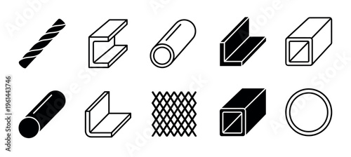 Set of metal profile icons showing various construction materials like rebar, pipe, tube, channel, and angle bar in a minimalist black and white line art and glyph style