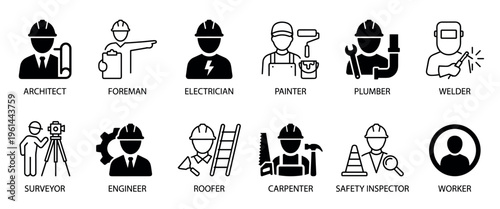 Set of black construction profession icons representing various building trades in a minimalist glyph and line art style, including an architect, plumber, welder, and carpenter