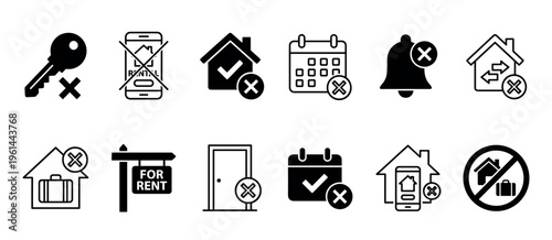 Black real estate and rental cancellation icons representing unavailable housing, rejected bookings, failed property transactions, and access denial symbols