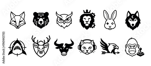 Collection of black animal head icons for gaming and esports mascots, featuring a fox, bear, lion, wolf, and shark in a modern, minimalist vector style for team branding