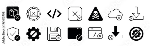Set of black and white error icons representing failure, warning, and problems in technology, software, and web interfaces, including symbols for failed downloads, security breaches, and virus alerts