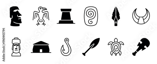 Collection of black Rapa Nui icons representing cultural symbols like the moai statue, birdman, ceremonial paddle, and traditional artifacts in a minimalist glyph style