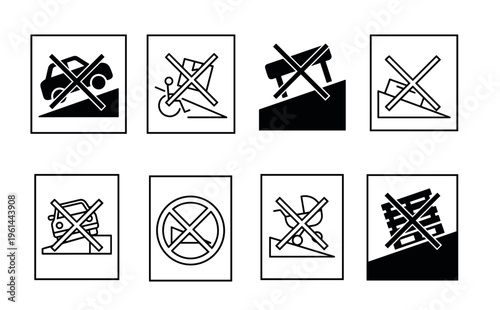 Collection of safety warning pictogram signs for ramps and slopes, illustrating prohibitions for vehicles, wheelchairs, baby prams, and freight in a minimalist graphic design
