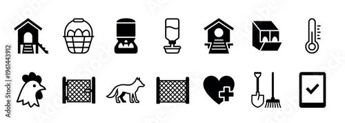 Set of black chicken farming icons for poultry care including a coop, eggs, feeder, waterer, rooster, and predator fox presented in a clean minimalist glyph style