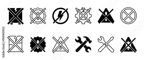 Set of black and white instruction symbols for product labels, including do not stack, no repair, and do not bleach pictograms in a simple minimalist vector graphic style
