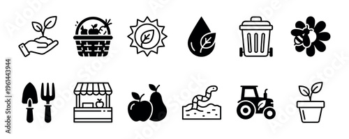 Collection of black glyph icons for gardening and farming, featuring a seedling in hand, a fruit basket, a tractor, a market stall, an earthworm, and other agricultural symbols