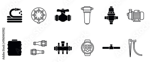 Set of black irrigation system icons featuring a hose, pump, valve, filter, sprinkler, and timer, presented in a minimalist glyph and line art style for plumbing concepts