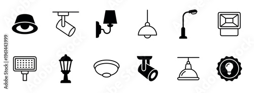 Collection of black lighting fixture icons featuring various lamp types like spotlights, pendants, sconces, and streetlights in a minimalist glyph and outline vector style