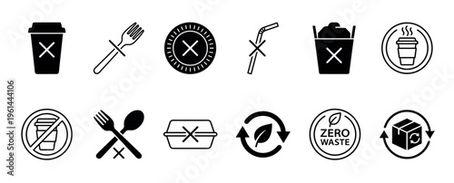 Comprehensive set of black and white icons illustrates the concept of zero waste and sustainability, featuring symbols for avoiding single-use items and promoting recycling and eco-friendly practices