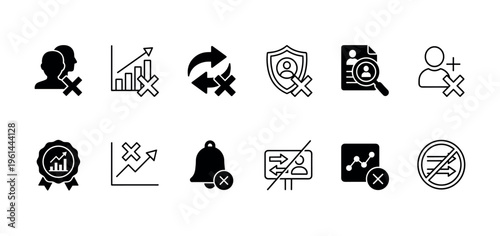 Set of black user interface icons illustrating concepts of failure, rejection, cancellation, and error, including symbols for users, charts, security, and notifications