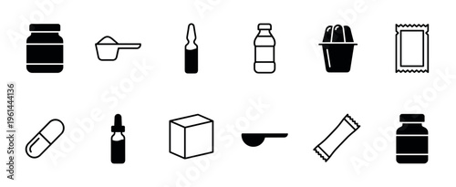 Set of black and white icons representing various forms of medication, supplements, and pharmaceutical packaging in a clean, minimalist line art and solid glyph style