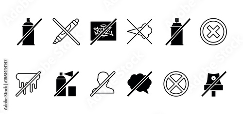 Collection of black and white prohibition icons clearly depicting various forbidden actions and tools related to graffiti and vandalism in a clean, graphic style