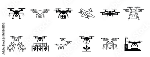 Agricultural drone icon set showing various unmanned aerial vehicles for smart farming, crop spraying, field monitoring, and precision agriculture in a minimalist line art style