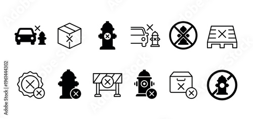Collection of black glyph icons representing prohibition, rejection, and error symbols for various objects like cars, hydrants, and packages in a minimalist vector style