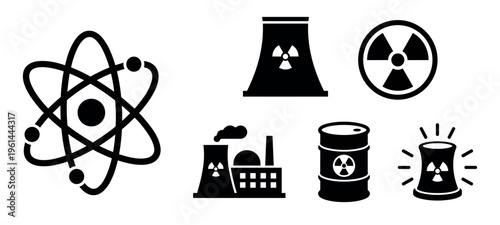 Set of black nuclear energy icons showing an atom, power plant, radiation symbol, toxic waste barrel, and reactor in a simple graphic silhouette style for science and industry concepts