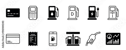 Set of black gas station icons representing fuel, payment, and transportation, including a pump, nozzle, credit card, and electric vehicle charging station symbols in a clean glyph style
