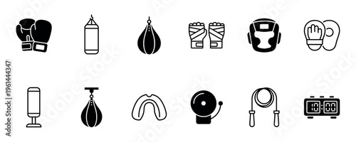 Collection of black boxing equipment icons including gloves, punching bag, headgear, and mouthguard, presented in a minimalist line art and glyph style for combat sports themes