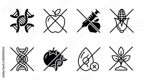 Collection of black non-GMO and organic food icons in a minimalist vector style showing concepts of natural products without pesticides or hormones for packaging labels