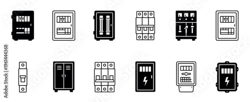 Electrical panel and circuit breaker icon set showing various fuse boxes, switchboards, and meters in a minimalist black and white glyph and line art style for technical design