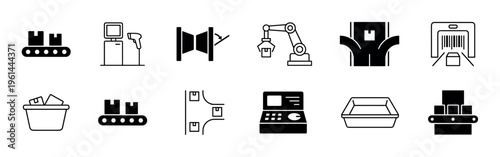Set of black logistics and manufacturing icons showing automated warehouse processes like conveyor belts, robotic arms, and barcode scanners in a minimalist glyph and line art style