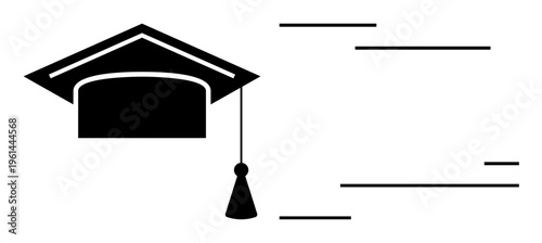 Education, graduation, academic success, learning, achievement, recognition. A black graduation cap with a tassel and abstract horizontal lines. Education and graduation concepts