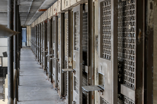 Long view of prison cell block.