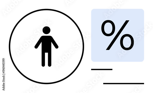 Data analysis, population statistics, survey results, demographic studies, percentage distribution, analytics. Black human figure within a circle and a percentage symbol. Data analysis and population