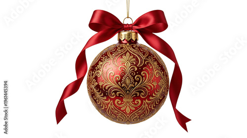 Elegant red Christmas bauble with gold damask pattern, festive holiday ornament with silk ribbon bow, luxury hanging decoration on white background
