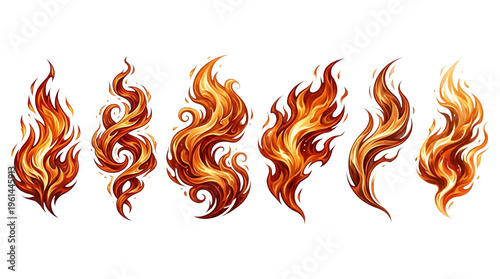 Stylized fire flame collection, set of 6 burning orange fire elements, decorative heat and bonfire icons isolated on white background