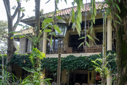 An exquisite villa peeks through a veil of verdant flora, exemplifying graceful design embraced by the calming touch of nature. The perfect escape for vacation.