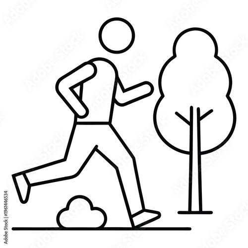 A simple black and white line art icon showing a person running past a tree in an outdoor setting.