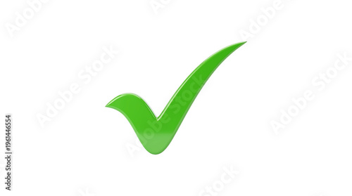 Glossy green check mark icon, 3D checkmark symbol for success and approval, vibrant green tick mark on white background for business validation