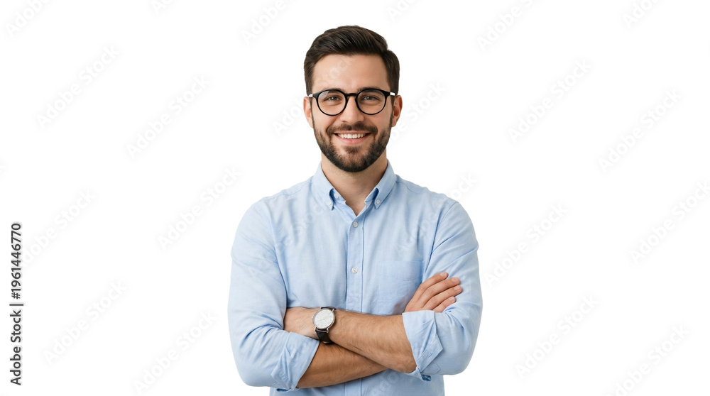 Obraz premium Confident young businessman with glasses and beard, smiling professional man in light blue shirt, successful entrepreneur with crossed arms on white background