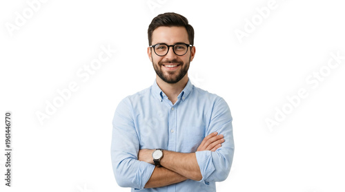 Confident young businessman with glasses and beard, smiling professional man in light blue shirt, successful entrepreneur with crossed arms on white background