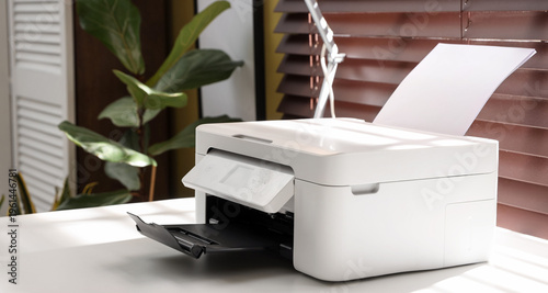 Modern printer on white table in office, closeup