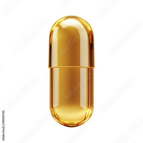 Realistic depiction of a single shiny golden oil filled gelatin capsule floating isolated in darkness  