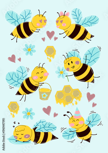 Cute cartoon bees set with funny emotions