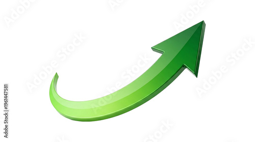 Green 3D arrow pointing up, glossy curved arrow for financial growth and success, shiny metallic upward pointer on white background